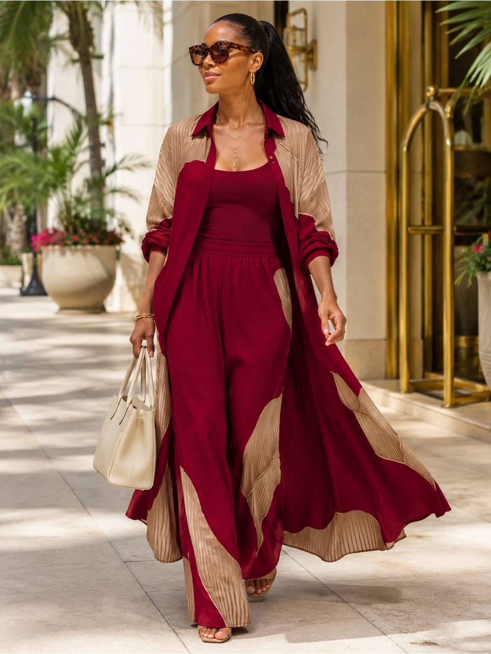 Burgundy Tan Abstract Leaf Longline Shirt Wide-Leg Pants Set